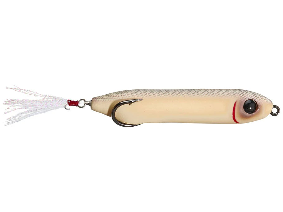 Fishing lure with a white body and red accents on a white background