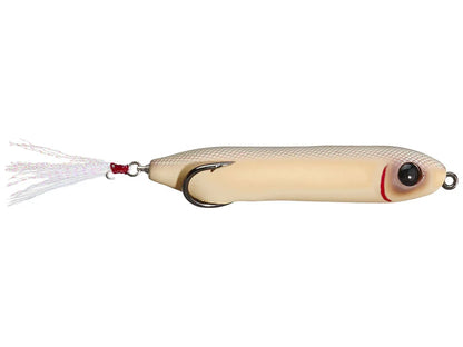 Fishing lure with a white body and red accents on a white background