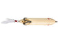 Bottom view of cream-colored fishing lure with a white tail on a white background
