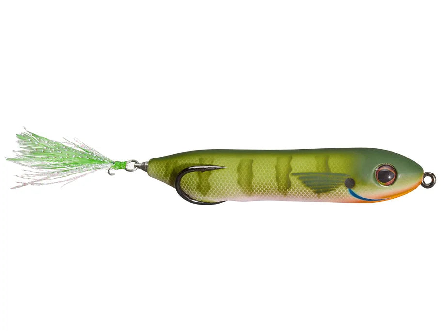 Fishing lure with a green and orange body on a white background