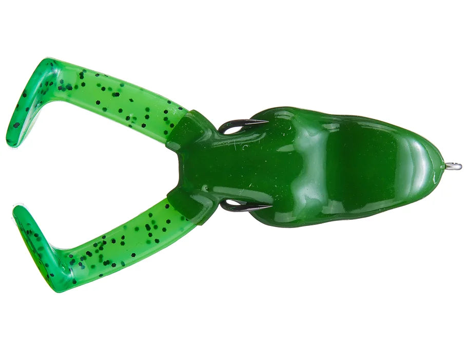 Green and black speckled fishing lure on a white background