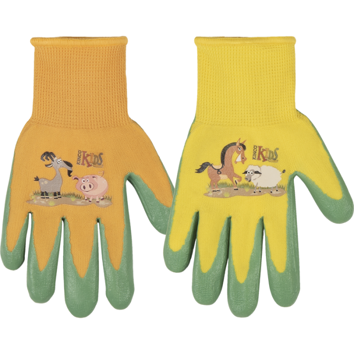 Kinco Kids' Farm Friends™ Nylon Knit Shell & Foam Nitrile Palm Gloves Yellow/ Orange