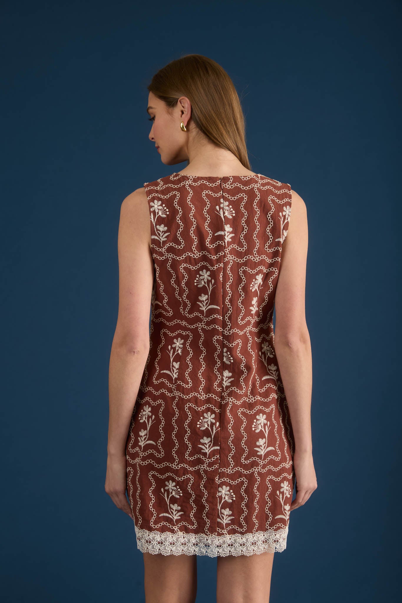 Floral Embroidered Mini Dress in Brown