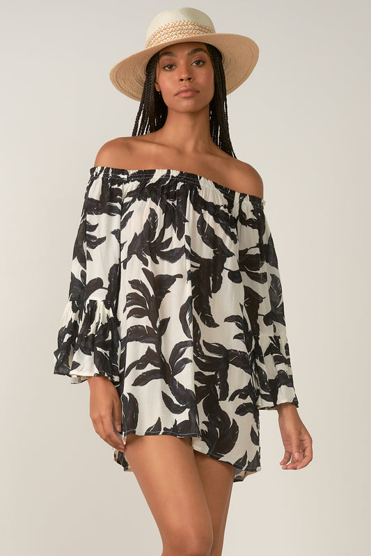 Elan Patterned Off Shoulder Tunic Top