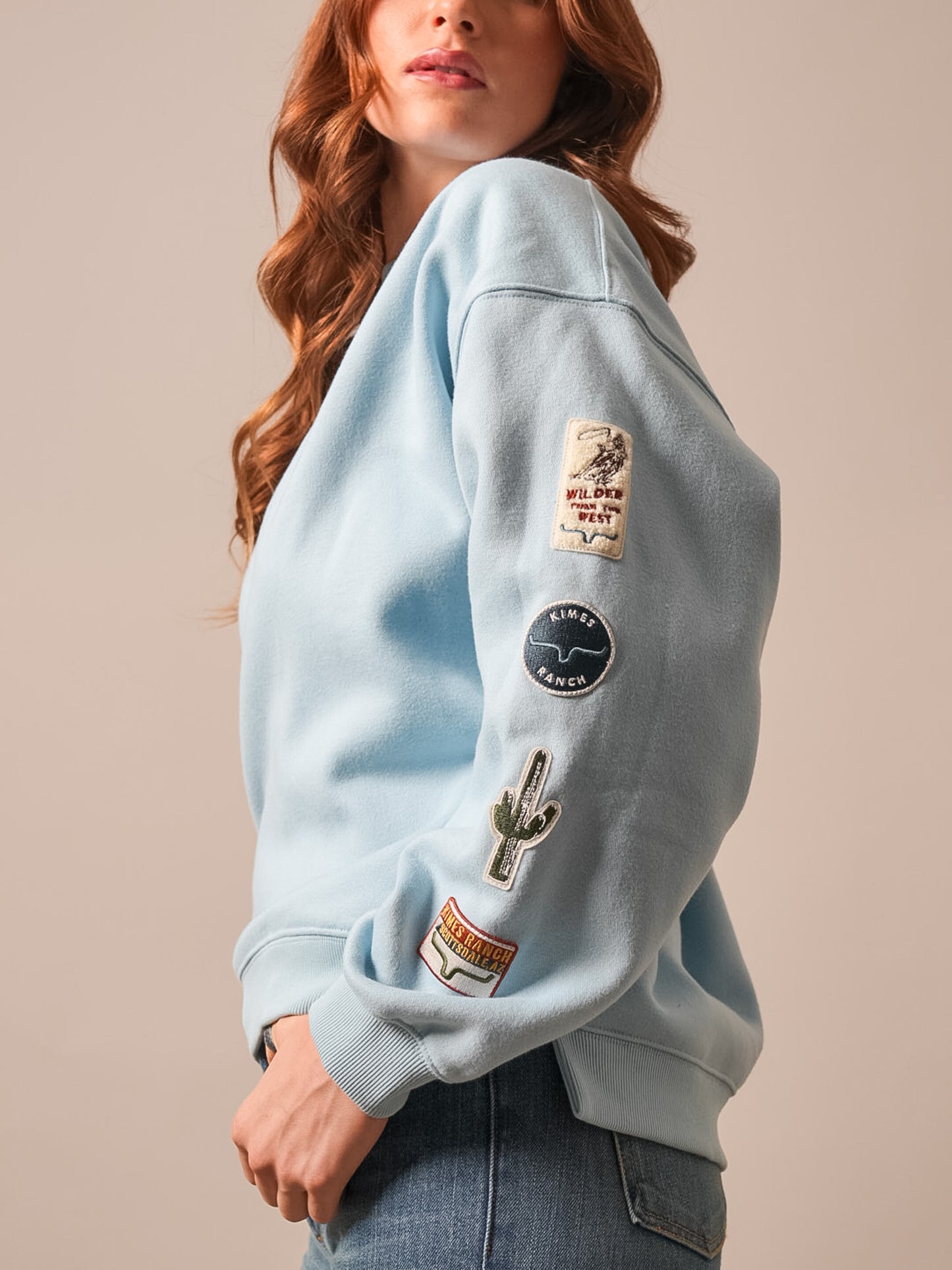 Kimes Ranch Western Patch Sweatshirt in Faded Denim