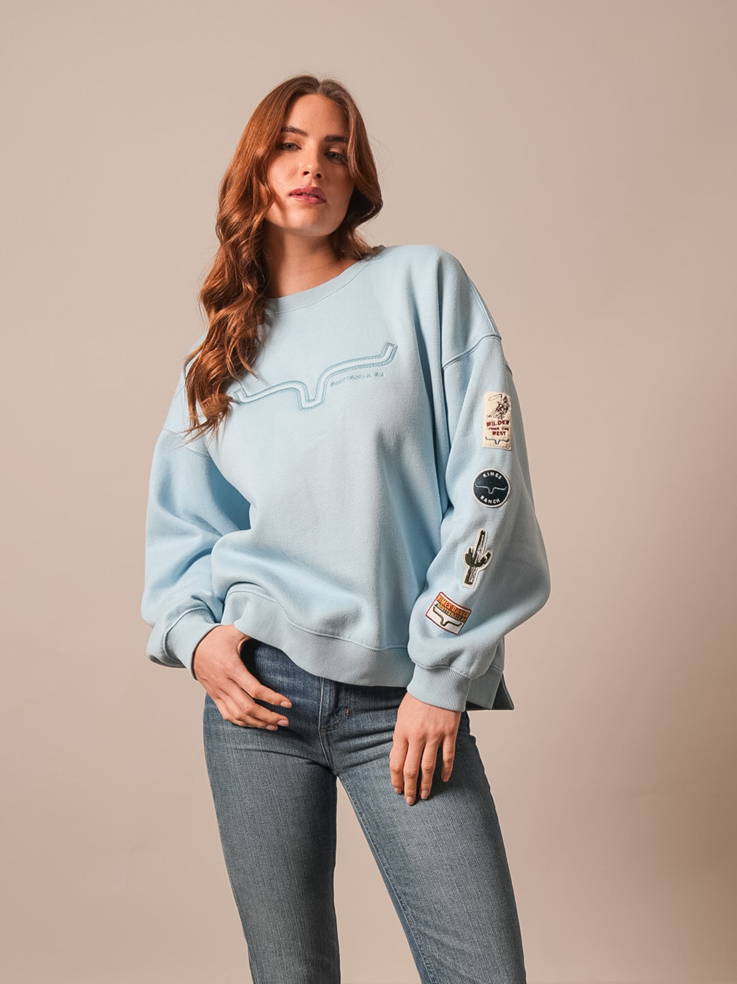Kimes Ranch Western Patch Sweatshirt in Faded Denim
