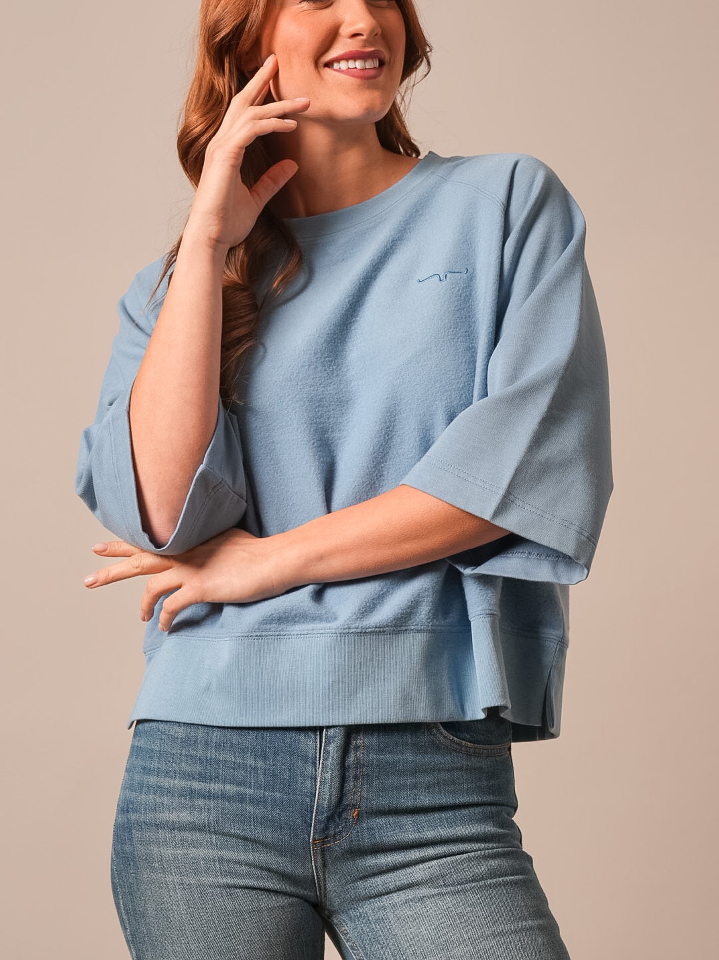Kimes Ranch Addy Mid-Sleeve Boxy Sweatshirt in Faded Denim
