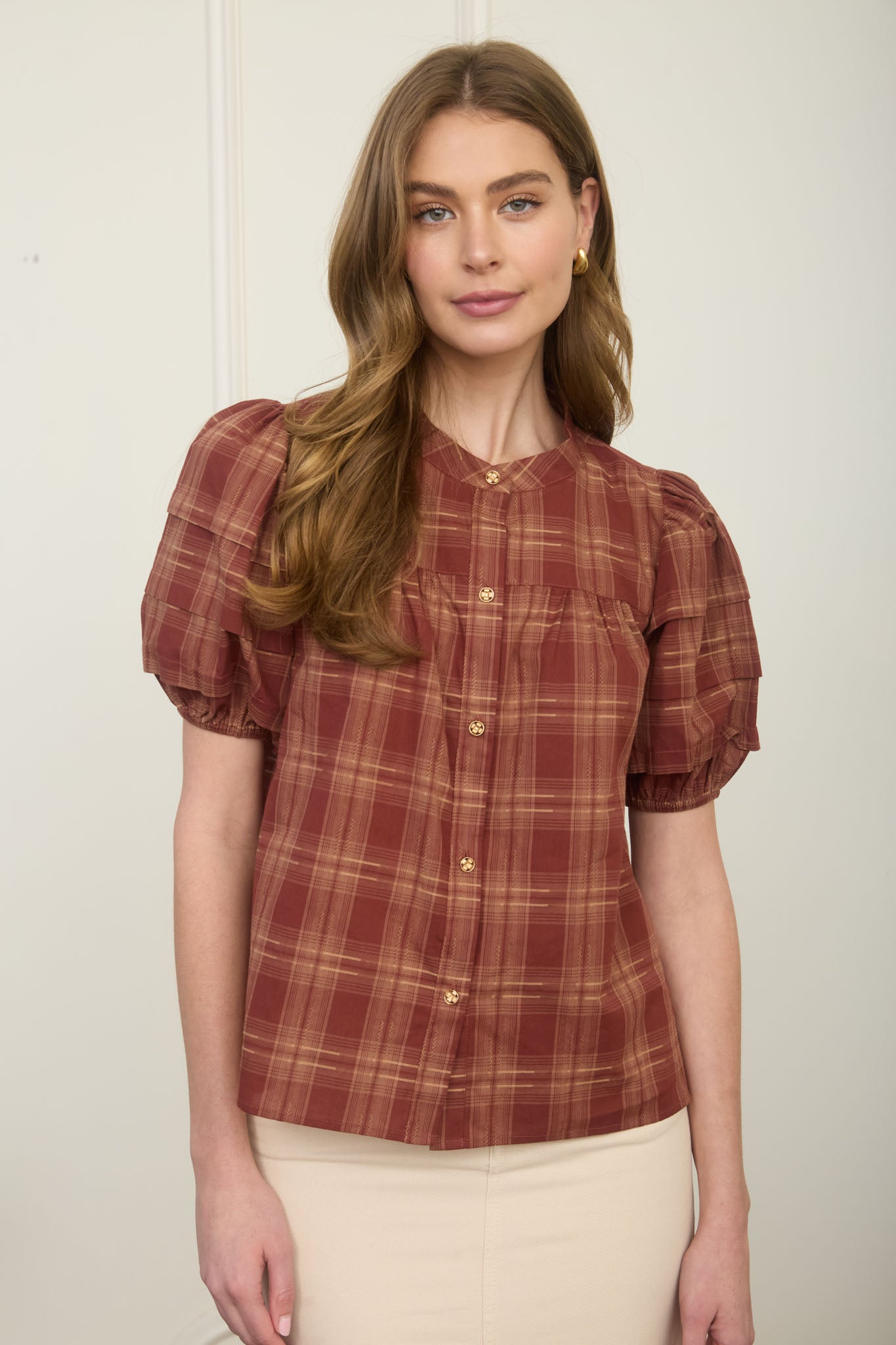 Bubble Sleeve Blouse in Rust Plaid