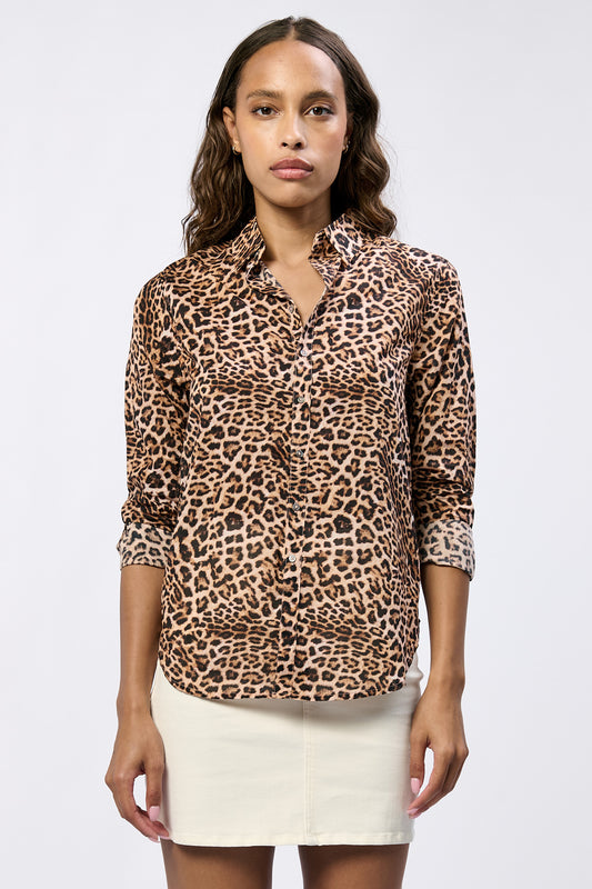 Dear John Lolita Button Up Long Sleeve Boyfriend Fit Shirt in Leopard Safari