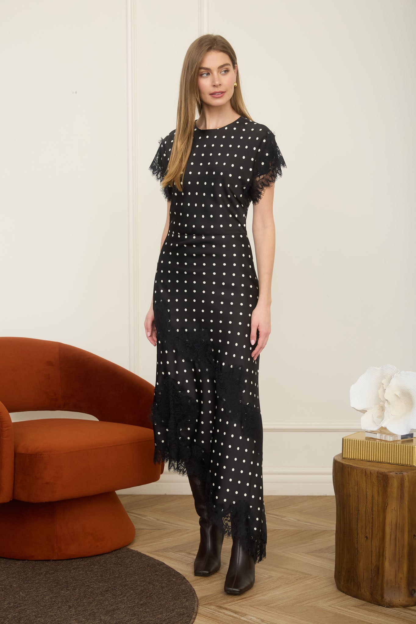 Black Polka Dot Midi Dress with Asymmetrical Lace Detail