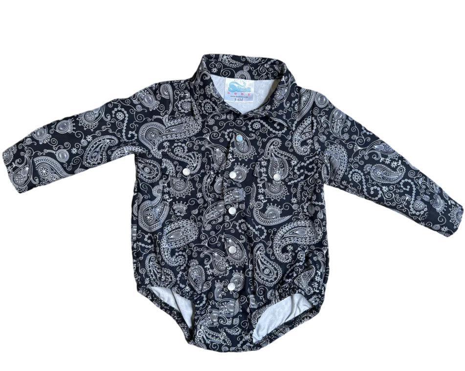 Shea Baby Black Paisley Long Sleeve Pearl Snap Onesie