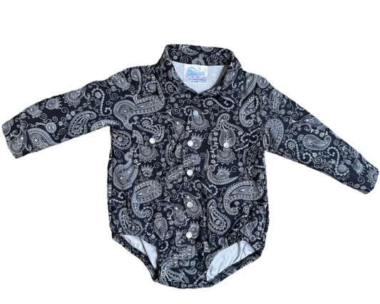 Shea Baby Black Paisley Long Sleeve Pearl Snap Onesie