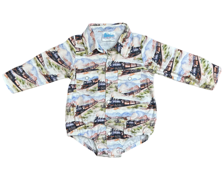 Shea Baby Western Train Long Sleeve Pearl Snap Onesie