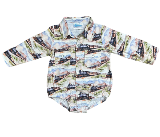 Shea Baby Western Train Long Sleeve Pearl Snap Onesie