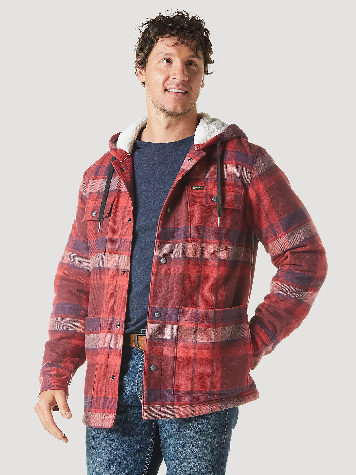 Wrangler Men's Sherpa Lined Flannel Hooded Shirt Jacket in Garnet