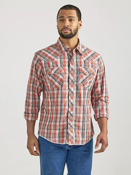 Wrangler Men's Long Sleeve Fashion Western Snap Plaid Shirt in Cider Orange