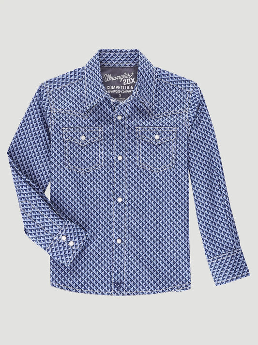 Wrangler Boy's 20X Advanced Comfort Western Snap Print Shirt in Midnight Squares