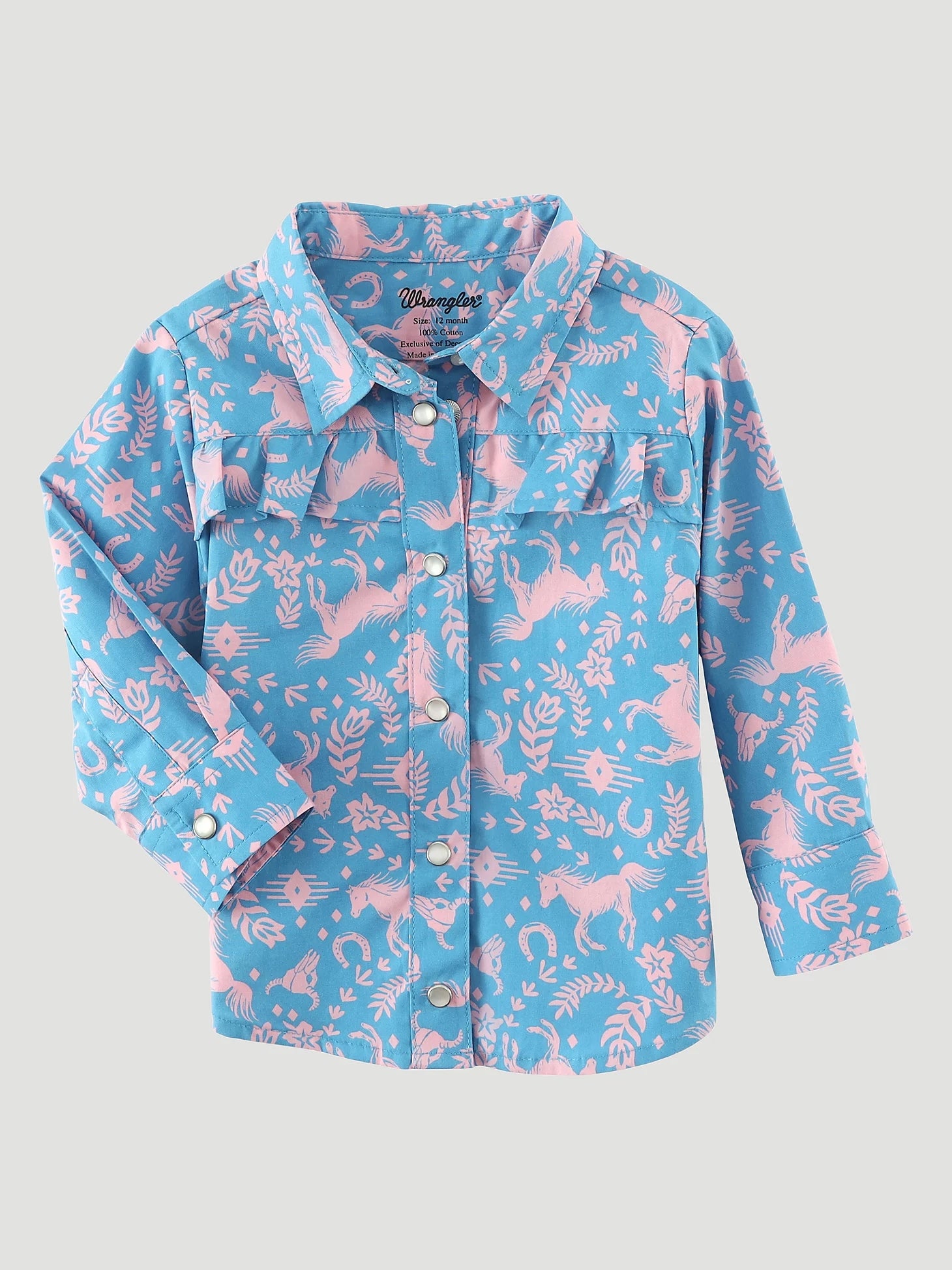 Wrangler Little Girl's Long Sleeve Horse Print Western Snap Shirt in Blue