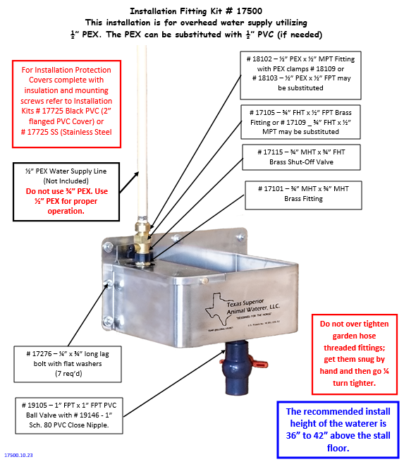 Texas Superior Animal Waterer Installation Fitting Kit For Overhead Water Supply