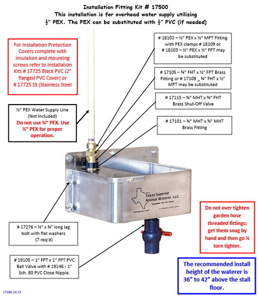 Texas Superior Animal Waterer Installation Fitting Kit For Overhead Water Supply