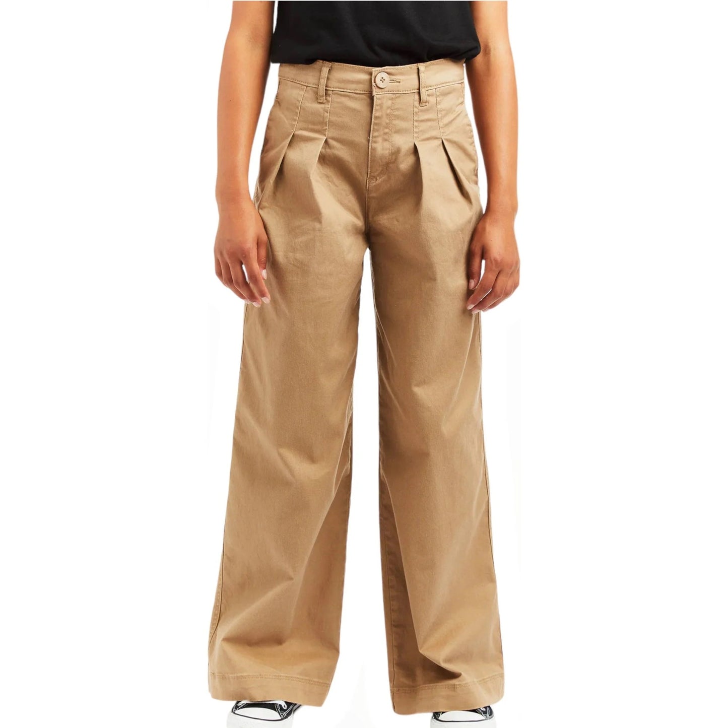 Girl's High Rise Pleated Wide Leg Khaki Trousers