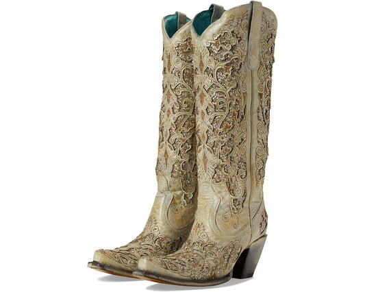 Corral Beige Distressed Glitter Inlay and Embroidered Boot