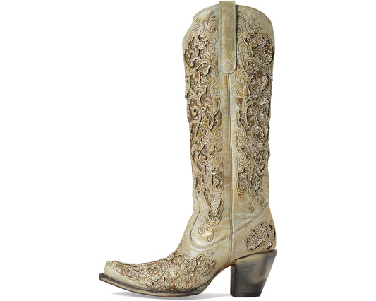 Corral Beige Distressed Glitter Inlay and Embroidered Boot