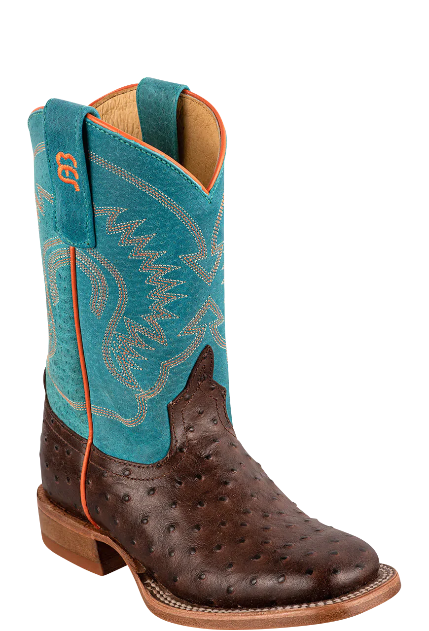 Anderson Bean Kid's Turquoise and Chocolate Ostrich Print Boot