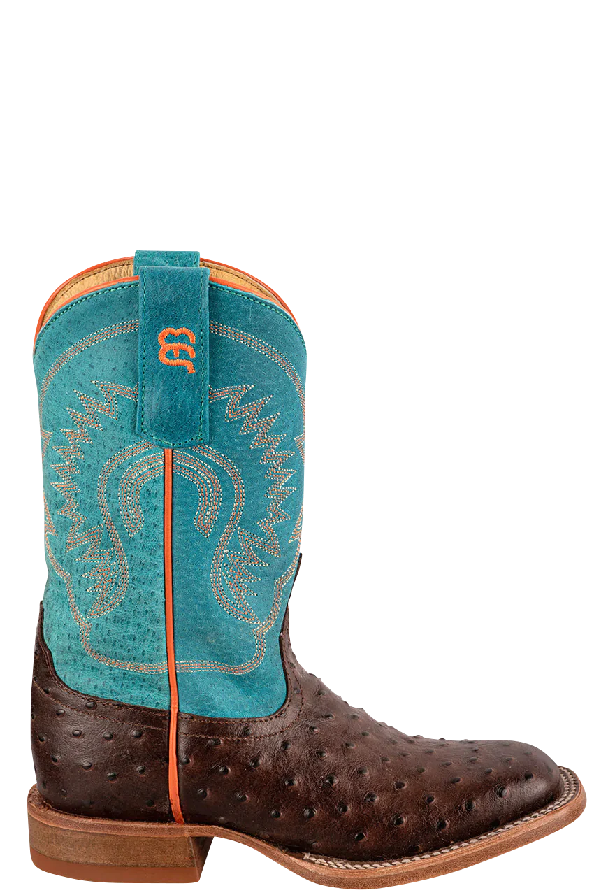 Anderson Bean Kid's Turquoise and Chocolate Ostrich Print Boot
