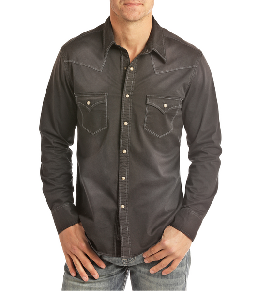 Rock & Roll Slim Fit Spray Washed Long Sleeve Black Solid Twill Shirt Black SM