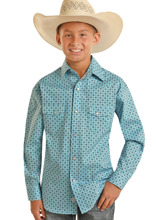 Rock and Roll Boy's Turquoise Geometric Snap Shirt
