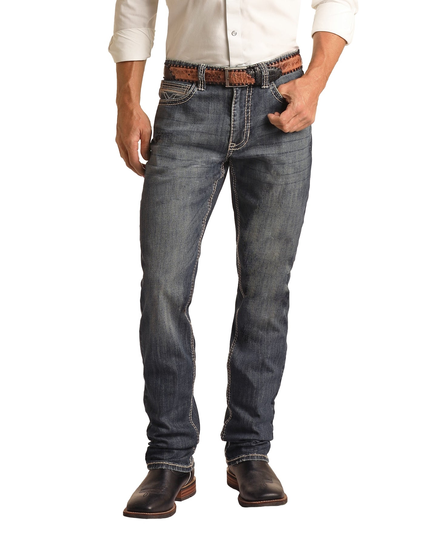 Rock and Roll Double Barrel Rope Stitch Relaxed Stackable Bootcut Jean