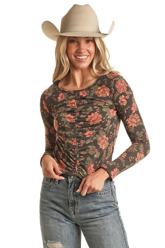 Rock and Roll Ruched Floral Long Sleeve Top