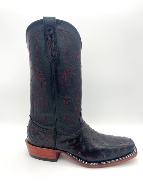 Fenoglio Black Cherry Full Quill Ostrich Black Smooth Italian Men's Boot