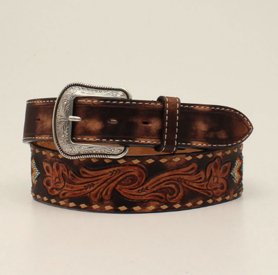 3D Mens Buck Lacing Beaded Inlay Belt Brown 32