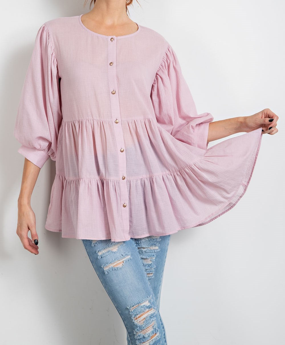 Womens Bubble Sleeve Button Down Tiered Tunic Top