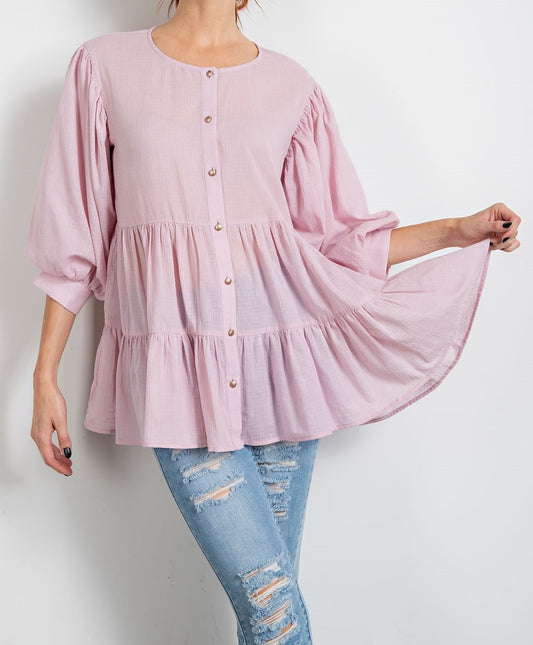 Womens Bubble Sleeve Button Down Tiered Tunic Top