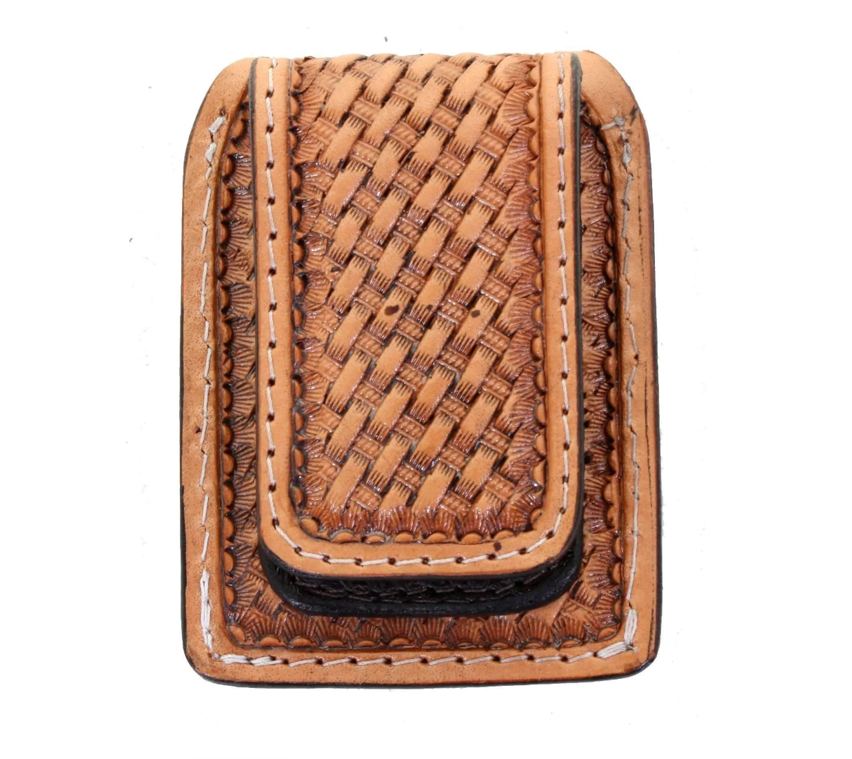 Double J Natural Leather Tooled Flat Magnetic Money Clip