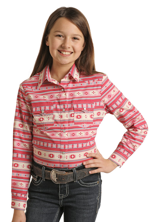 Panhandle Girl's Pink & Blue Buffalo Aztec Print Western Shirt