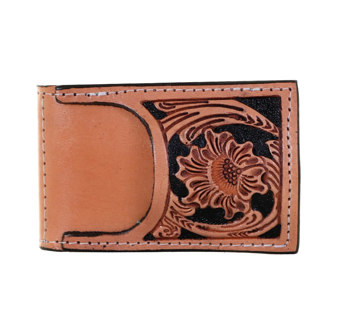 Double J Natural Tooled Floral Pocket Money Clip Wallet