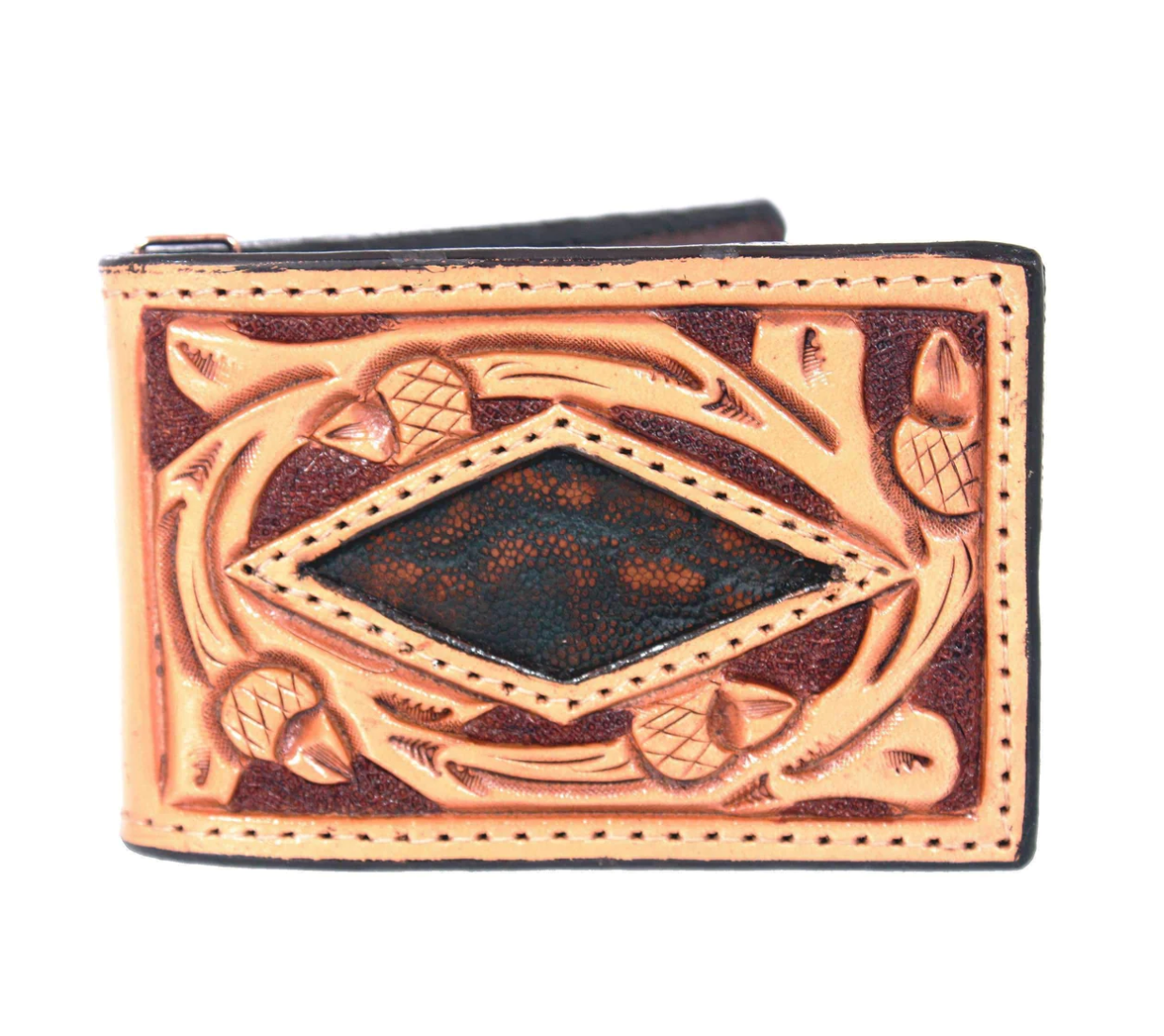 Double J Hand-Tooled Elephant Inlayed Money Clip Wallet