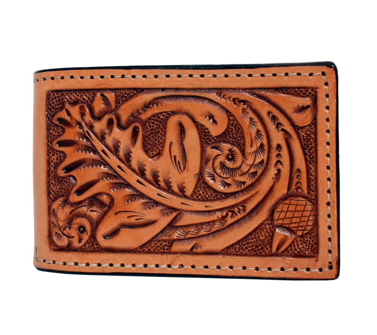 Double J Hand-Tooled Acorn Oak Leaf Money Clip Wallet