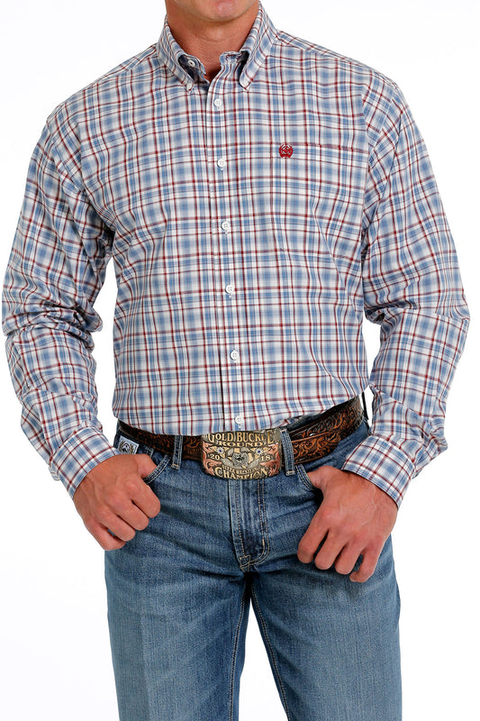 Cinch Men's Burgundy Cream and Steel Blue Long Sleeve Western Shirt