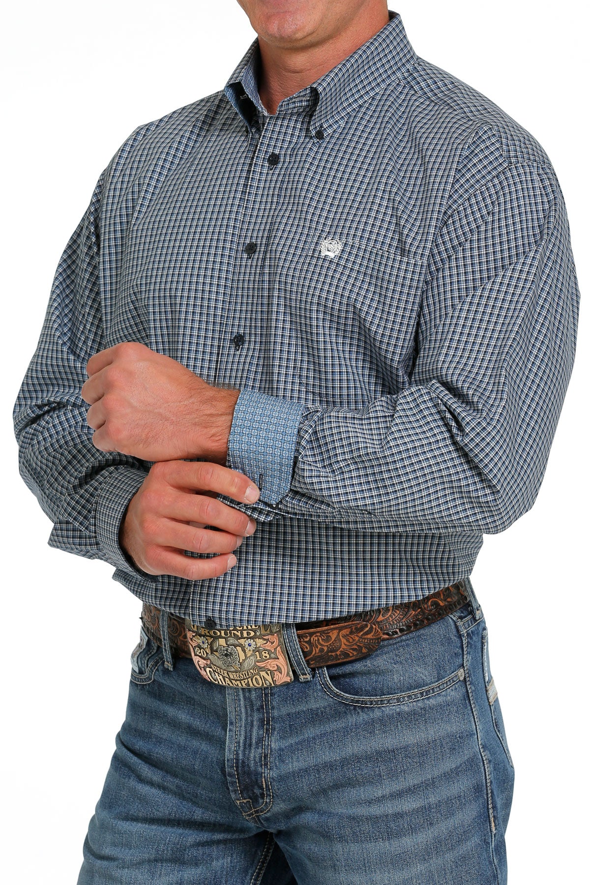 Cinch Men's Navy Blue Plaid Long Sleeve Button Down Western Shirt