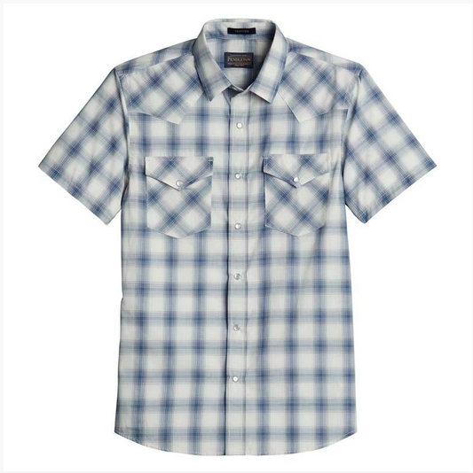 Pendleton Mens Short Sleeve Frontier Shirt IvoryNavyDobbyOmbre SM