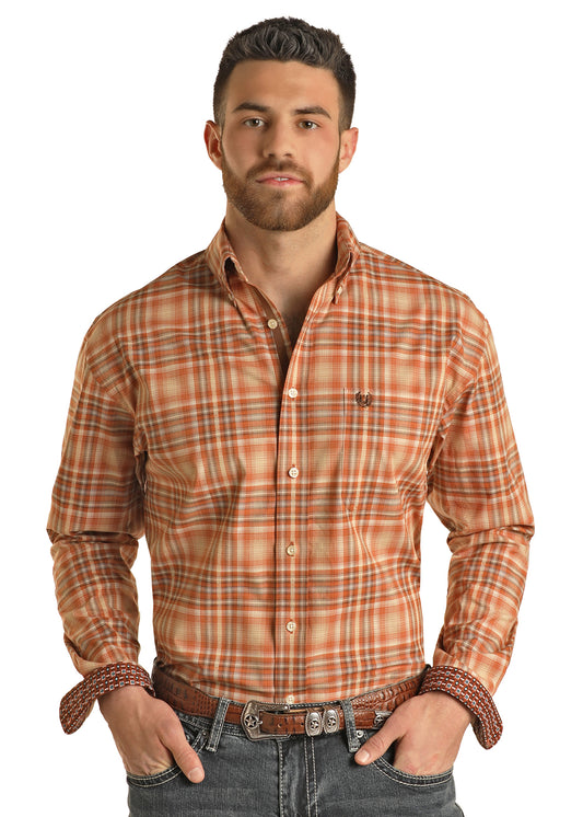 Panhandle Men's Rust Dobby Plaid Shirt