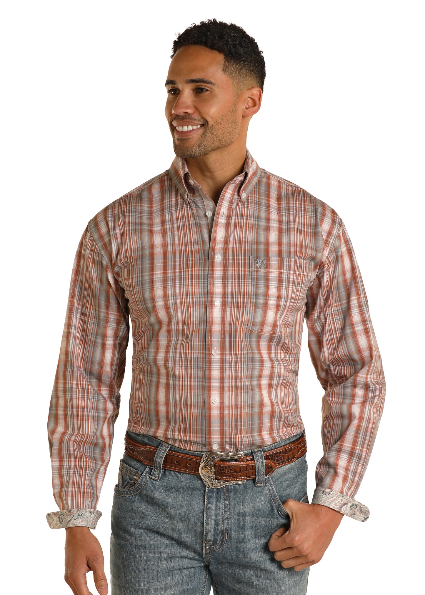 Panhandle Rough Stock Burnt Orange Plaid Button Down Shirt