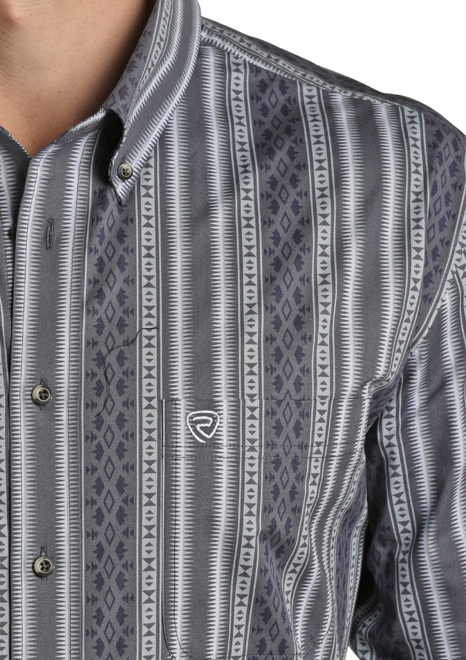Rock & Roll Mens Long Sleeve Aztec Stripe Woven Button Down Shirt