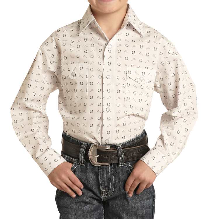 Rock & Roll Boys Horseshoe Long Sleeve Snap Shirt SM