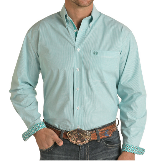 Mens Panhandle Turquoise Micro Stripe Long Sleeve